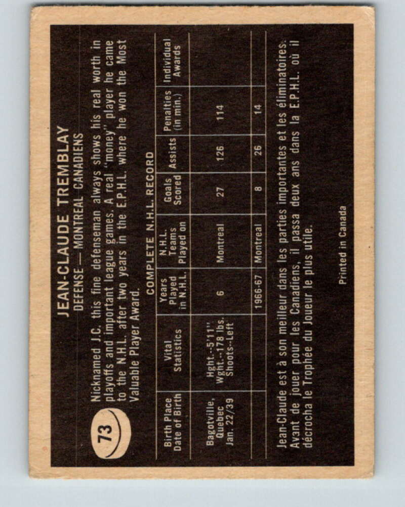1967-68 Topps #73 J.C. Tremblay Montreal Canadiens V834