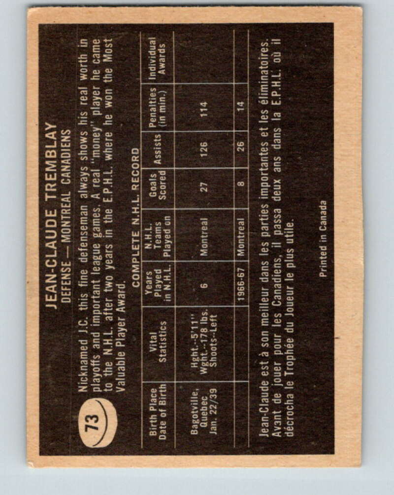 1967-68 Topps #73 J.C. Tremblay Montreal Canadiens V835