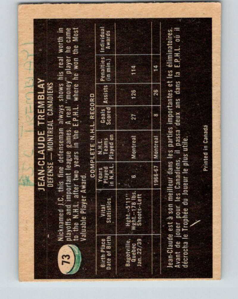 1967-68 Topps #73 J.C. Tremblay Montreal Canadiens V836