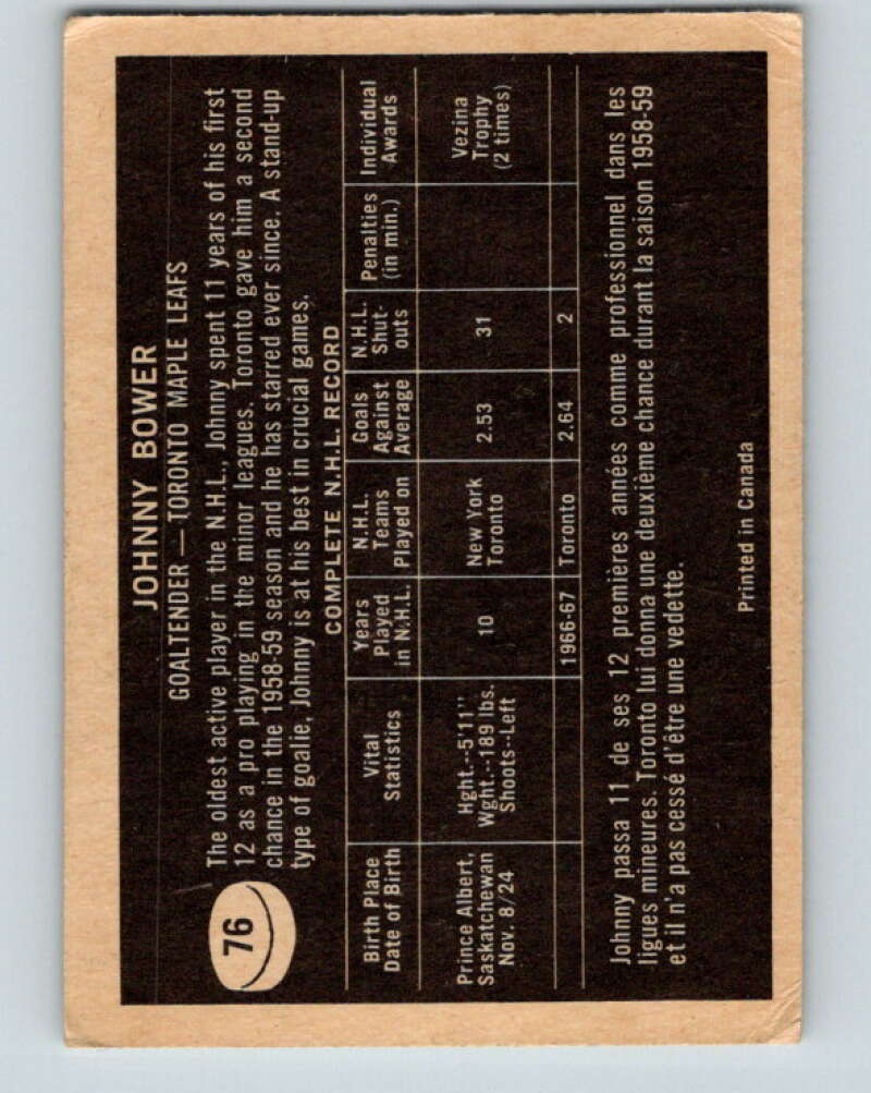 1967-68 Topps #76 Johnny Bower Toronto Maple Leafs V838