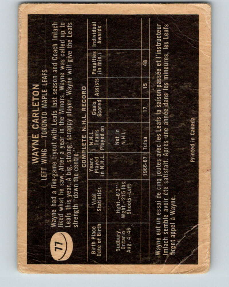 1967-68 Topps #77 Wayne Carleton RC Rookie Toronto Maple Leafs V839