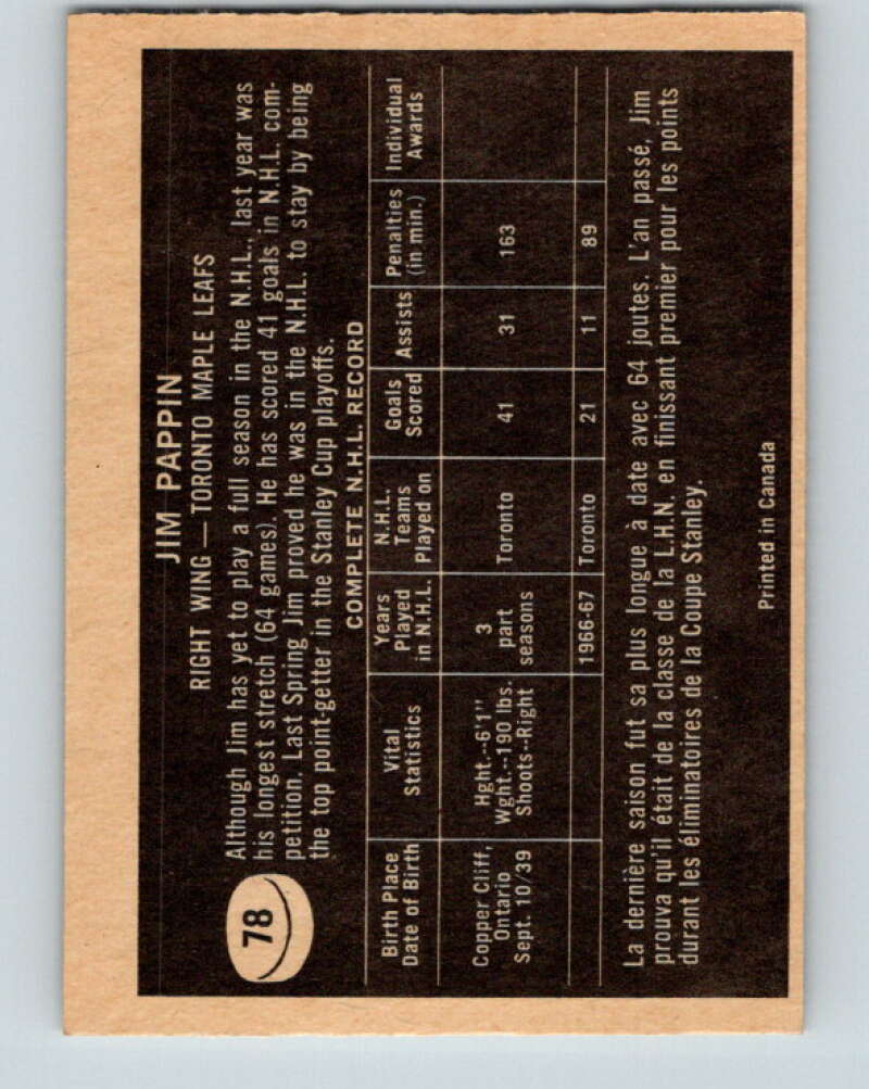 1967-68 Topps #78 Jim Pappin Toronto Maple Leafs V840
