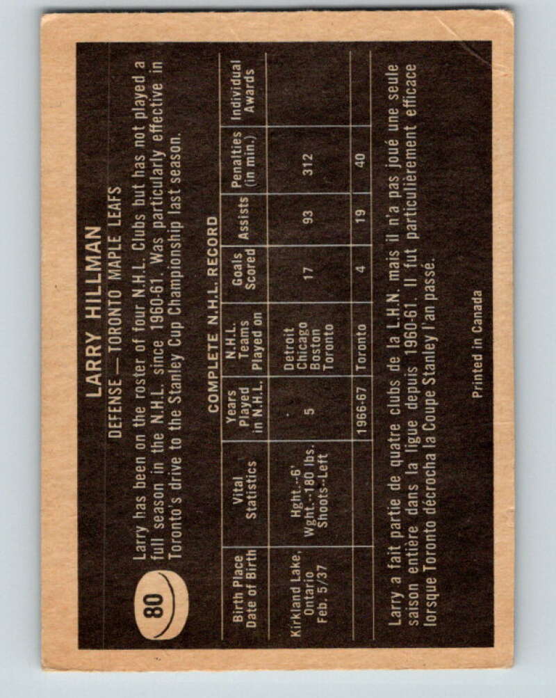 1967-68 Topps #80 Larry Hillman Toronto Maple Leafs V841