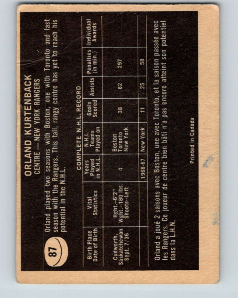 1967-68 Topps #87 Orland Kurtenbach New York Rangers V853