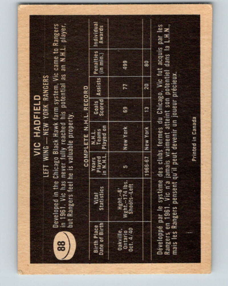 1967-68 Topps #88 Vic Hadfield New York Rangers V855