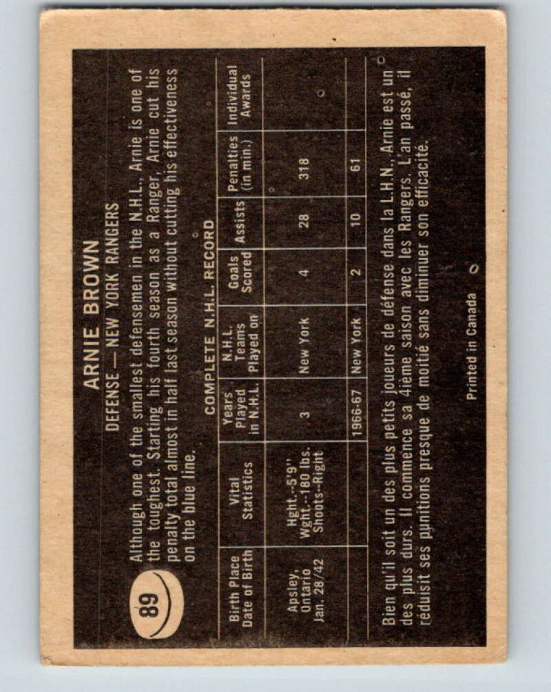 1967-68 Topps #89 Arnie Brown New York Rangers V856