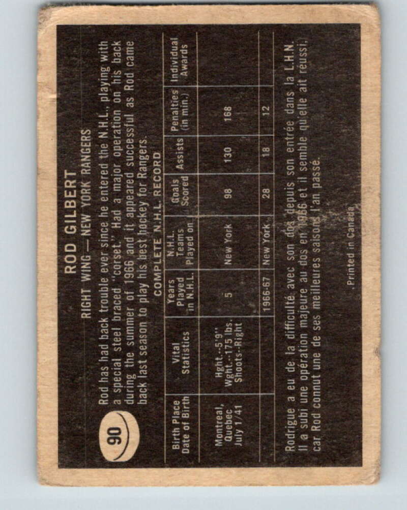 1967-68 Topps #90 Rod Gilbert New York Rangers V857
