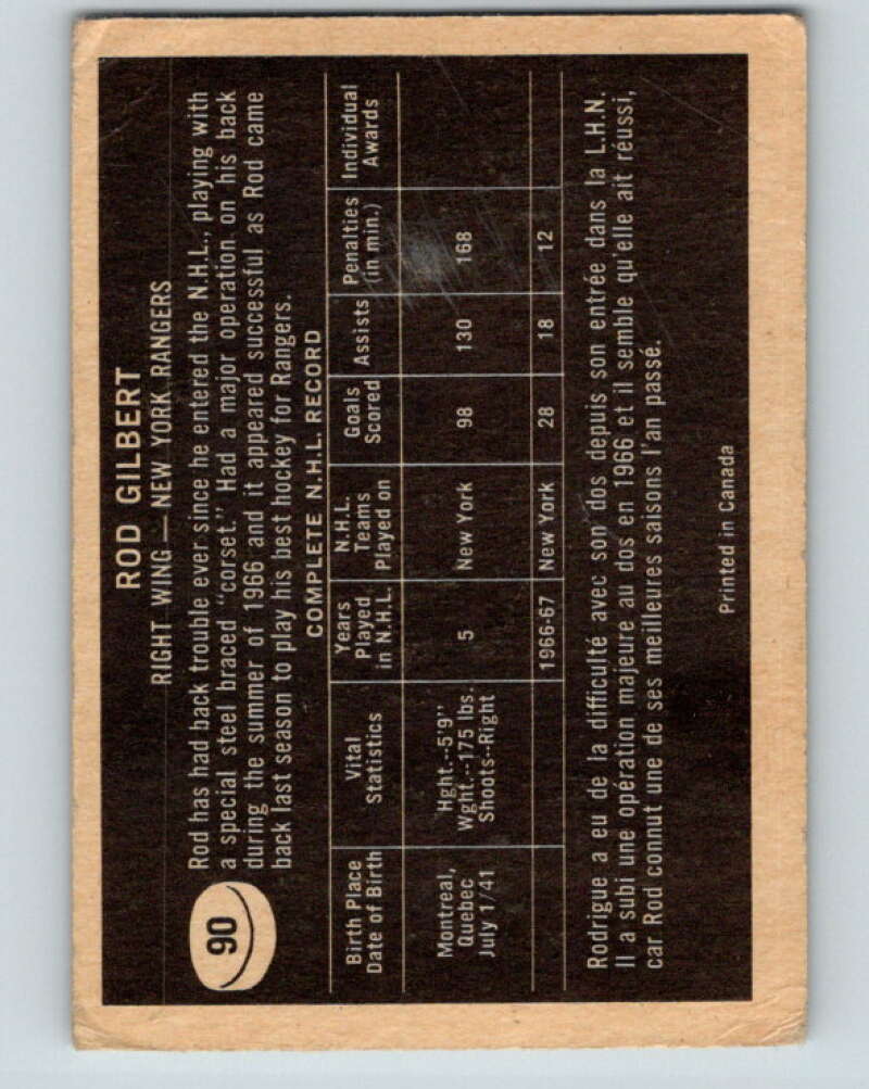 1967-68 Topps #90 Rod Gilbert New York Rangers V858