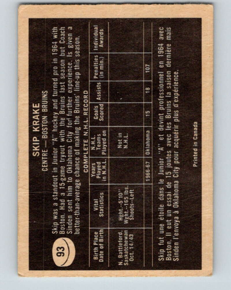1967-68 Topps #93 Skip Krake UER RC Rookie Boston Bruins V860