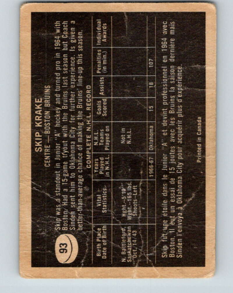 1967-68 Topps #93 Skip Krake UER RC Rookie Boston Bruins V861