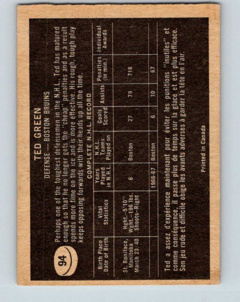 1967-68 Topps #94 Ted Green Boston Bruins V862