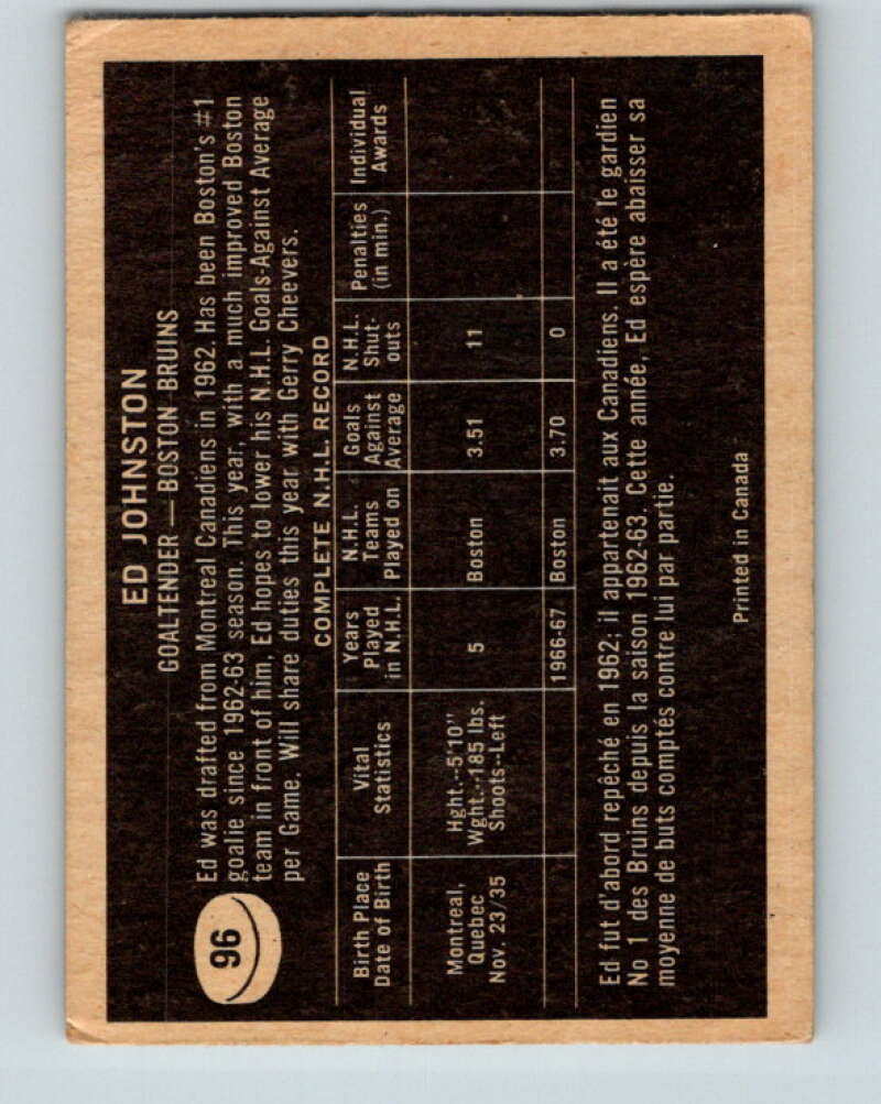 1967-68 Topps #96 Ed Johnston Boston Bruins V864