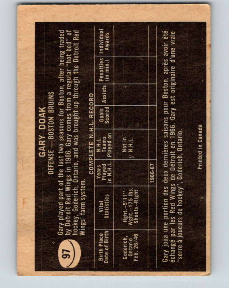 1967-68 Topps #97 Gary Doak RC Rookie Boston Bruins V865