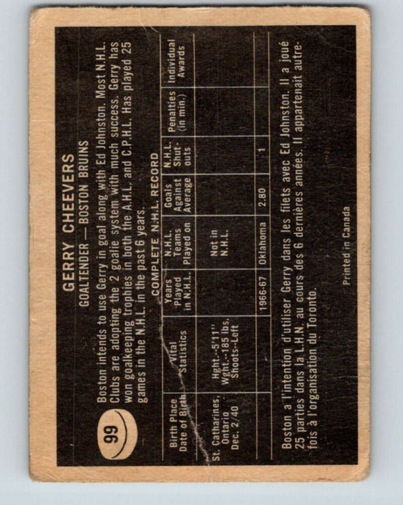 1967-68 Topps #99 Gerry Cheevers Boston Bruins V867