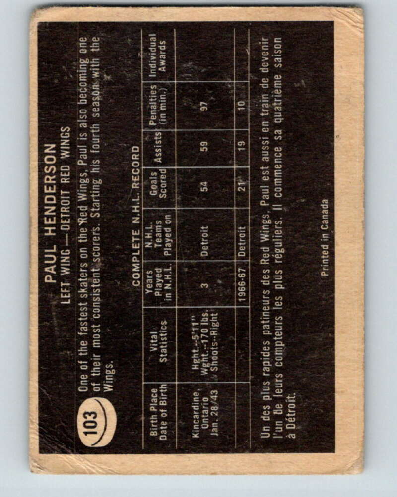 1967-68 Topps #103 Paul Henderson Detroit Red Wings V872