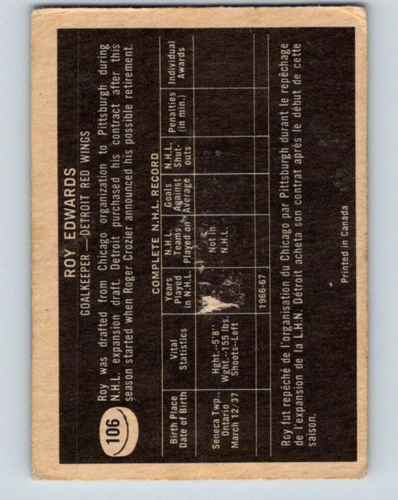 1967-68 Topps #106 Roy Edwards RC Rookie Detroit Red Wings V875
