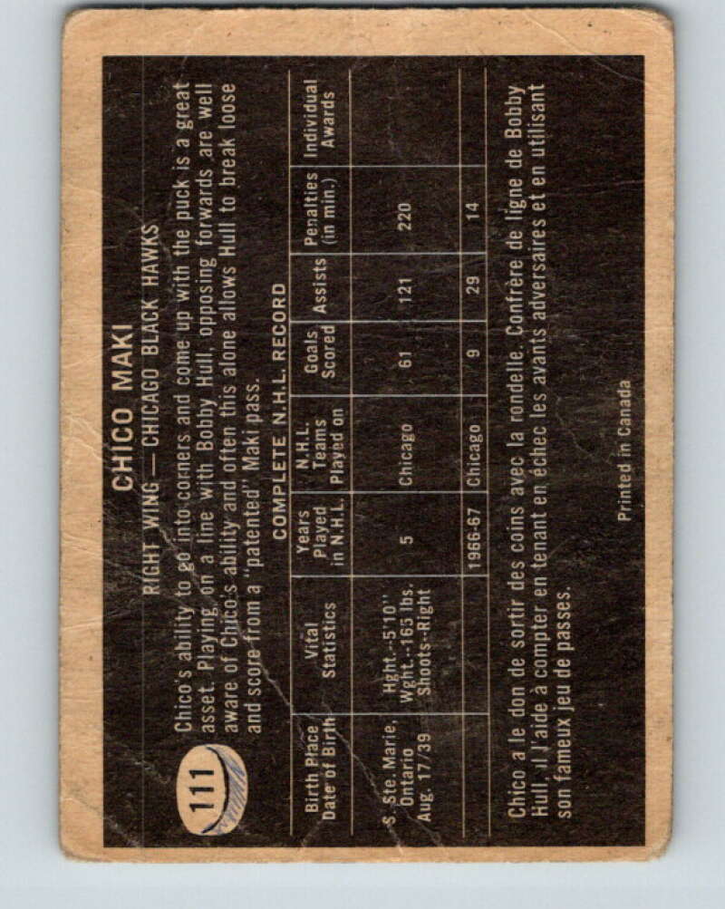 1967-68 Topps #111 Chico Maki Chicago Blackhawks V882
