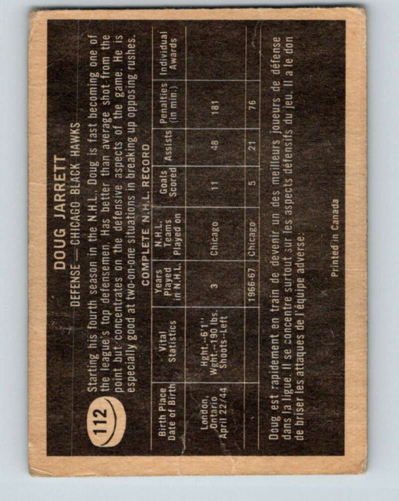 1967-68 Topps #112 Doug Jarrett Chicago Blackhawks V883