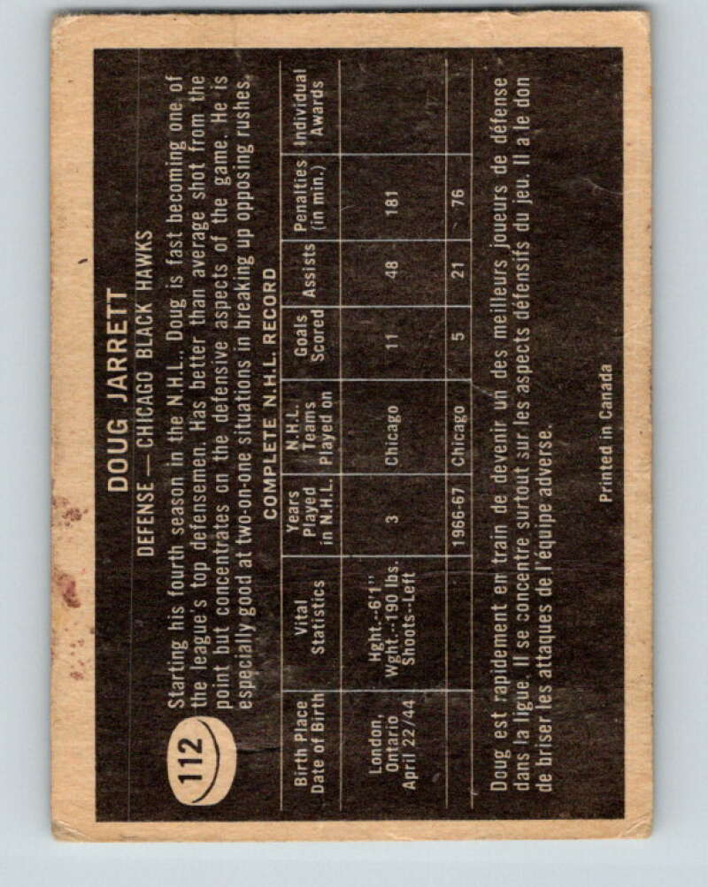 1967-68 Topps #112 Doug Jarrett Chicago Blackhawks V884