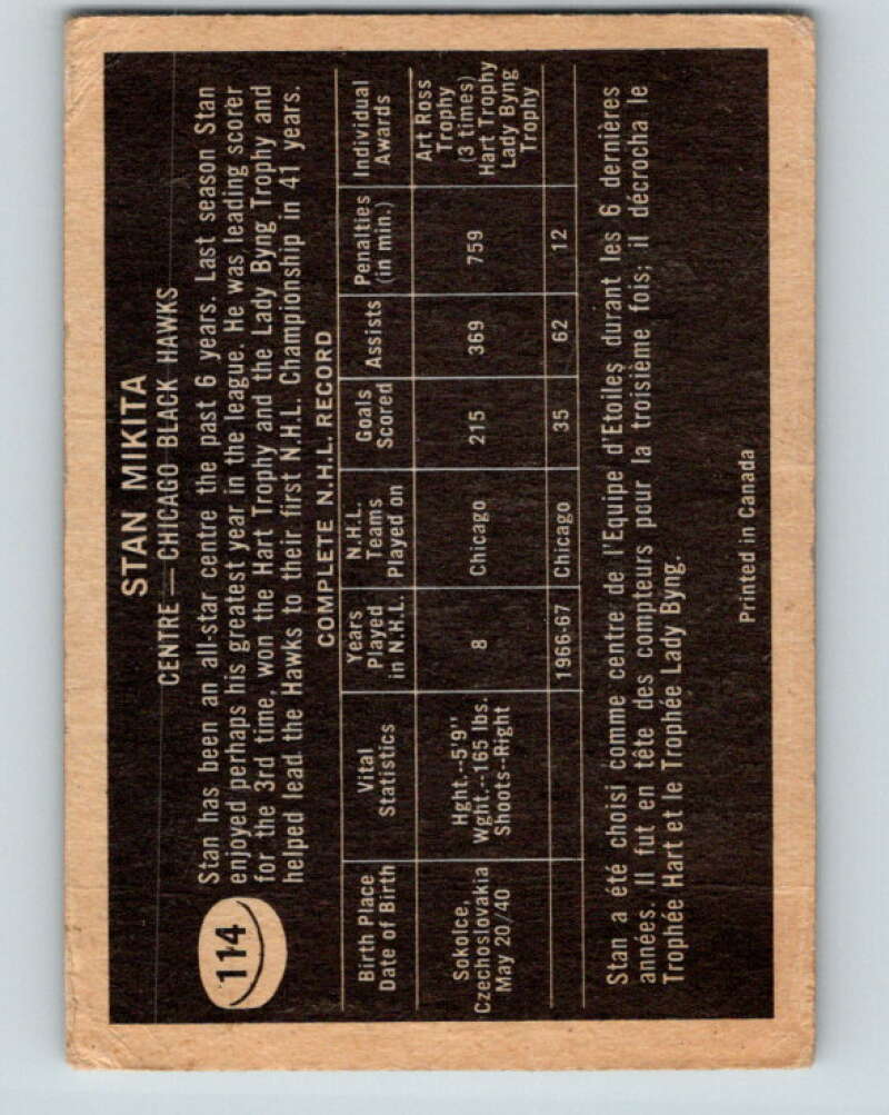 1967-68 Topps #114 Stan Mikita Chicago Blackhawks V886