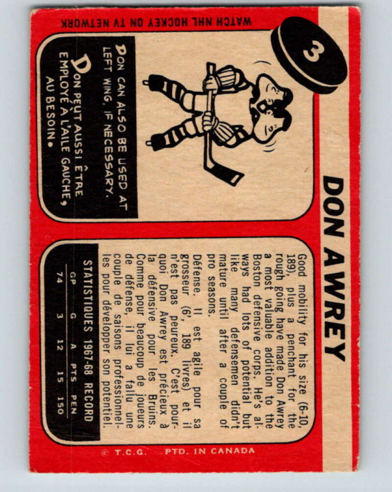 1968-69 O-Pee-Chee #3 Don Awrey UER Boston Bruins V906