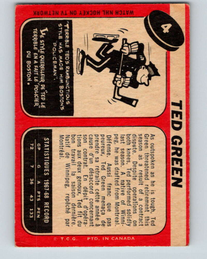 1968-69 O-Pee-Chee #4 Ted Green Boston Bruins V908