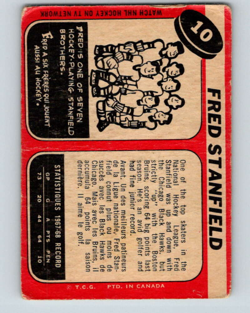 1968-69 O-Pee-Chee #10 Fred Stanfield Boston Bruins V914
