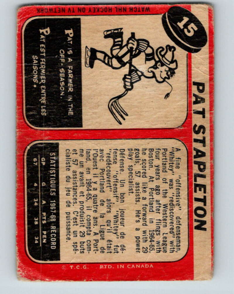 1968-69 O-Pee-Chee #15 Pat Stapleton Chicago Blackhawks V922