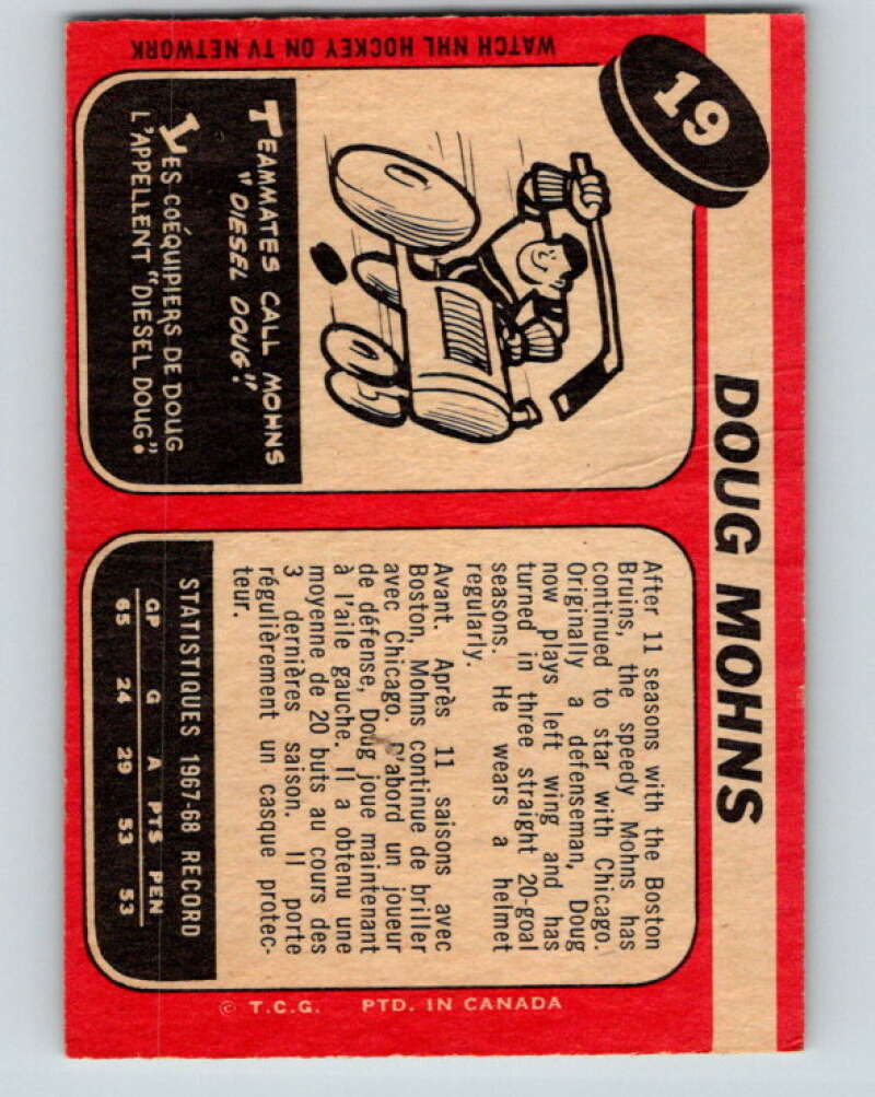 1968-69 O-Pee-Chee #19 Doug Mohns Chicago Blackhawks V927