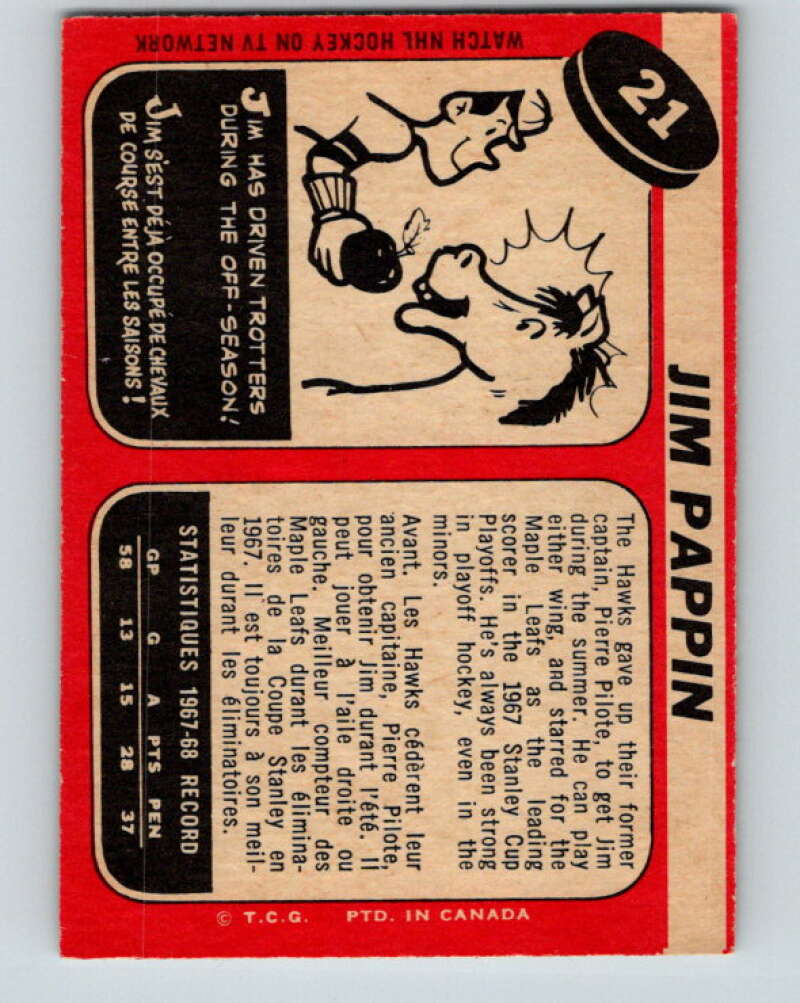 1968-69 O-Pee-Chee #21 Jim Pappin Chicago Blackhawks V929