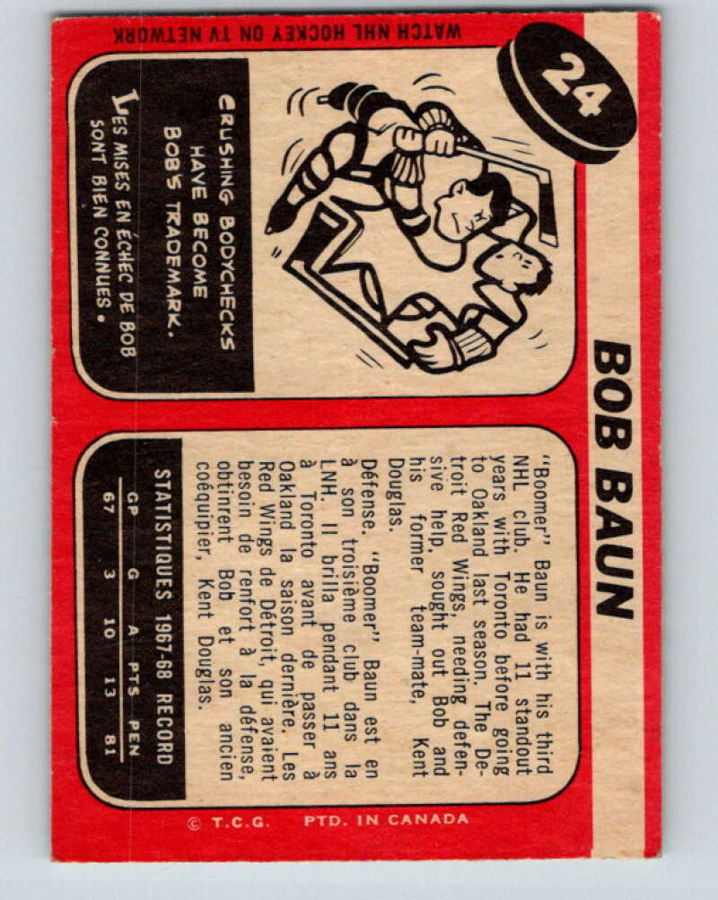 1968-69 O-Pee-Chee #24 Bob Baun Detroit Red Wings V932