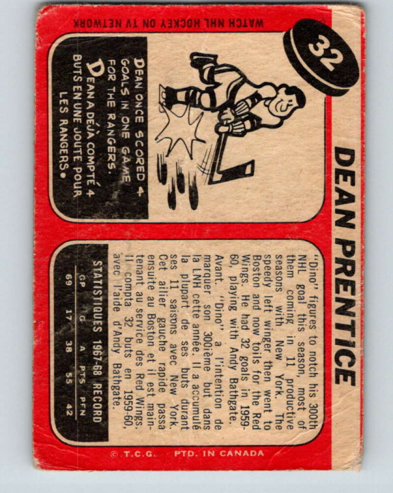 1968-69 O-Pee-Chee #32 Dean Prentice Detroit Red Wings V940
