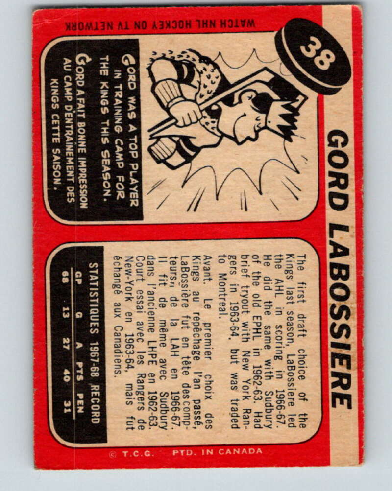 1968-69 O-Pee-Chee #38 Gord Labossiere RC Rookie Los Angeles Kings V948