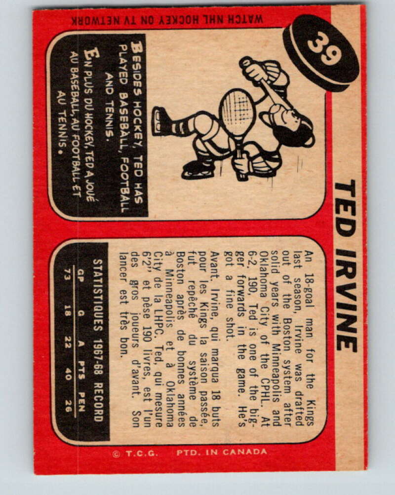 1968-69 O-Pee-Chee #39 Ted Irvine RC Rookie Los Angeles Kings V949