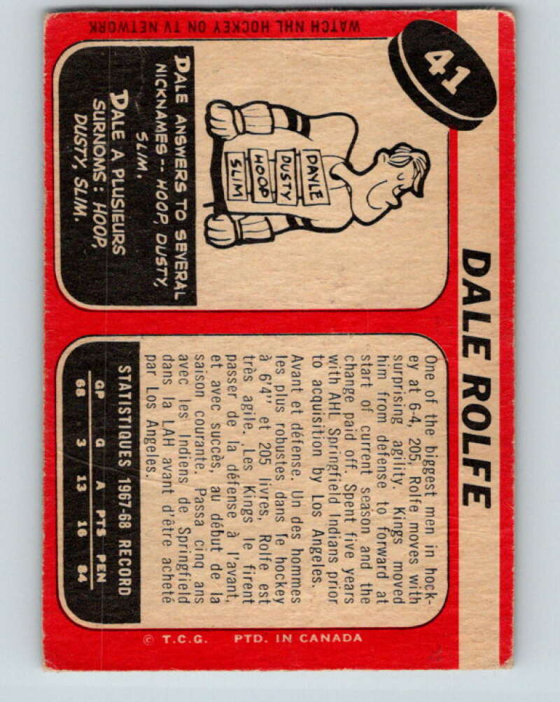 1968-69 O-Pee-Chee #41 Dale Rolfe RC Rookie Los Angeles Kings V951