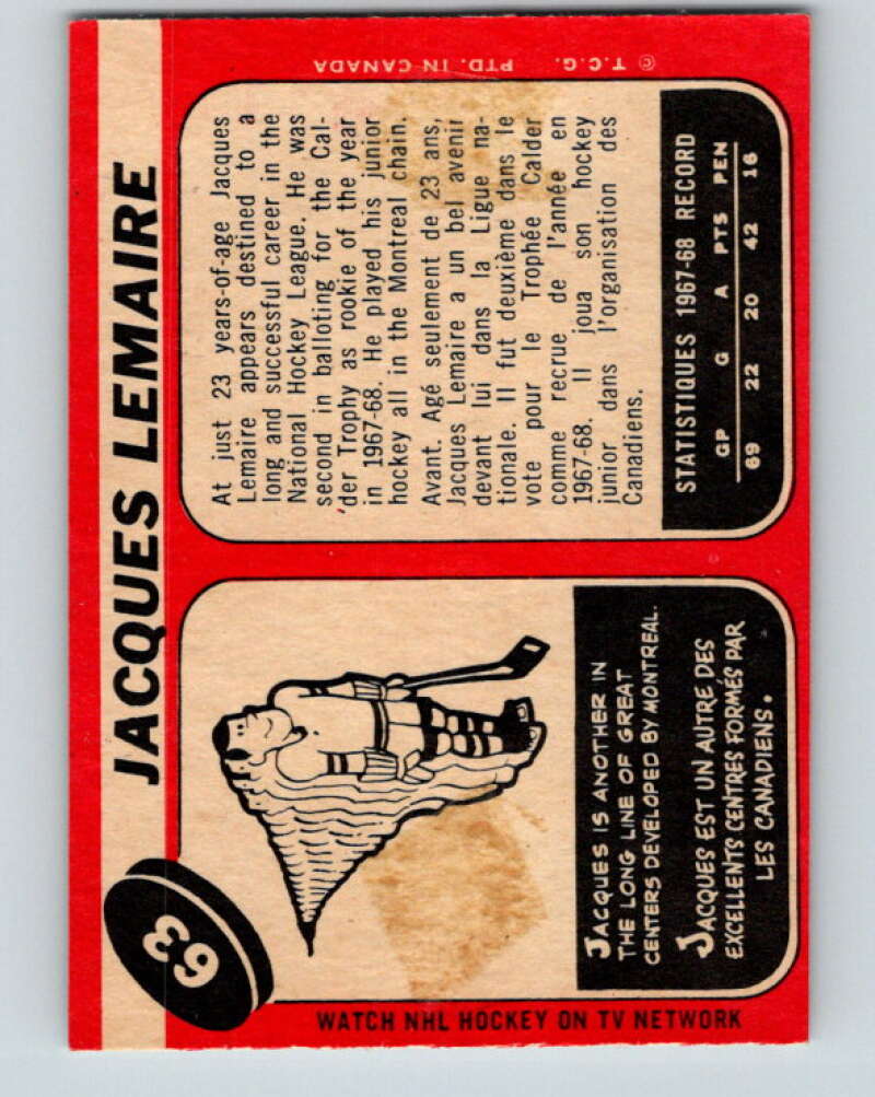 1968-69 O-Pee-Chee #63 Jacques Lemaire Montreal Canadiens V983