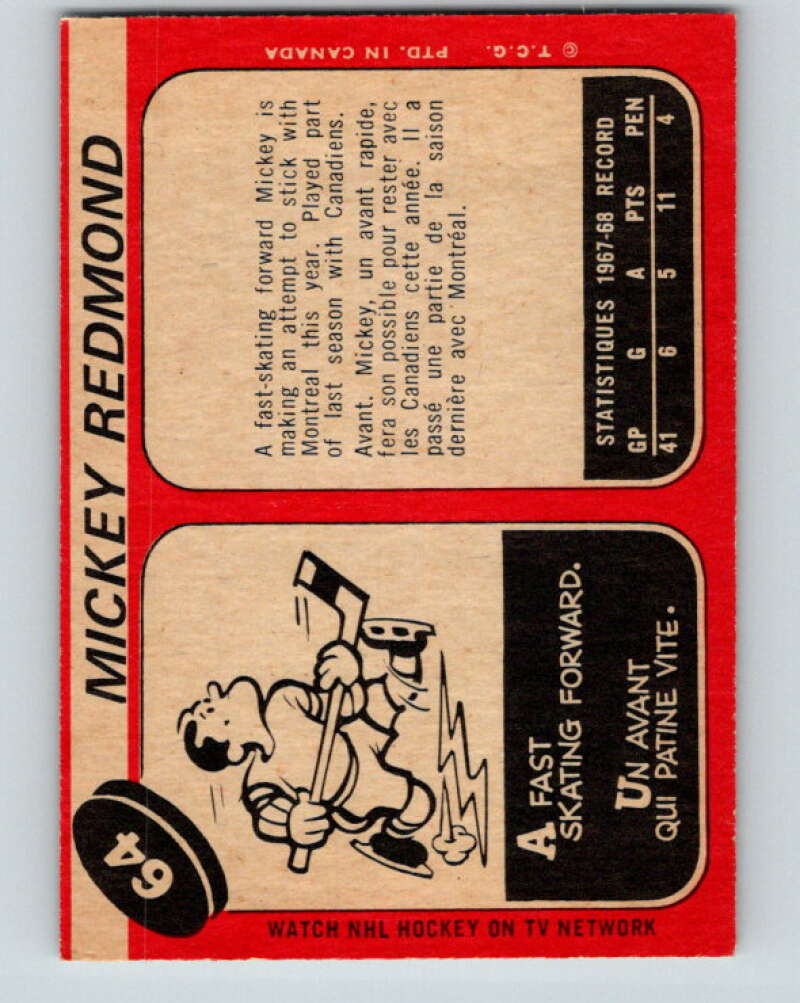 1968-69 O-Pee-Chee #64 Mickey Redmond RC Rookie Montreal Canadiens V984