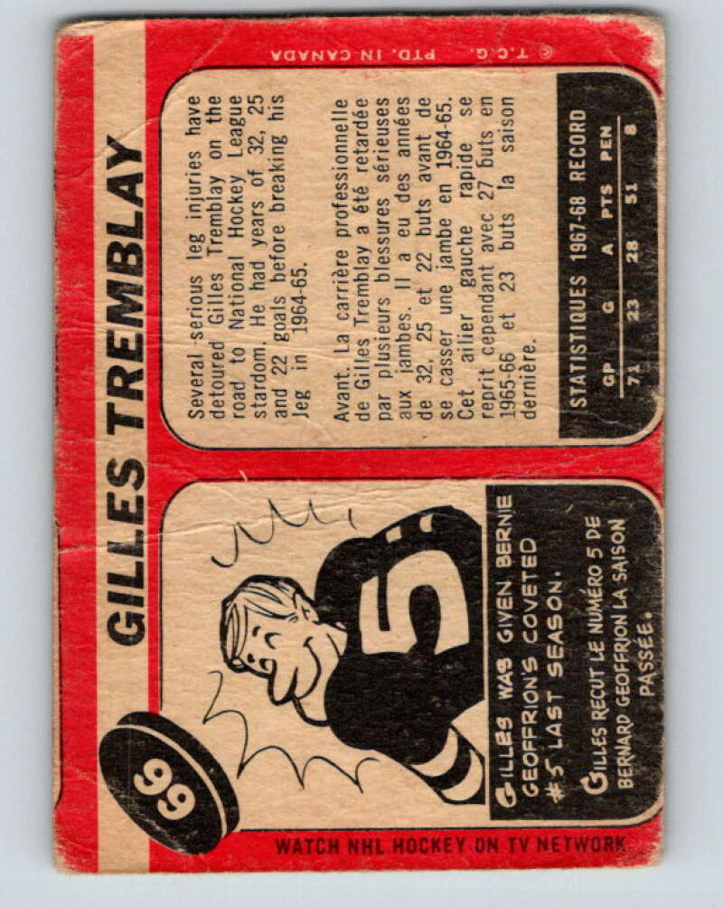 1968-69 O-Pee-Chee #66 Gilles Tremblay Montreal Canadiens V987