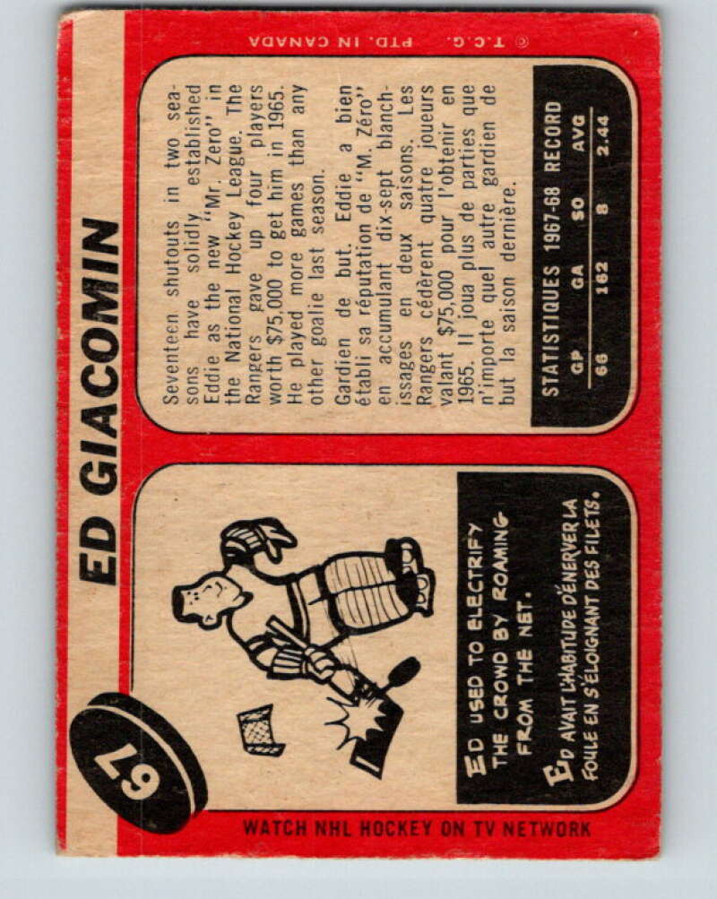 1968-69 O-Pee-Chee #67 Ed Giacomin New York Rangers V988