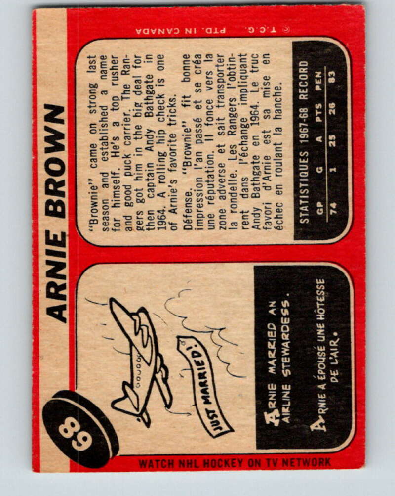 1968-69 O-Pee-Chee #68 Arnie Brown New York Rangers V989