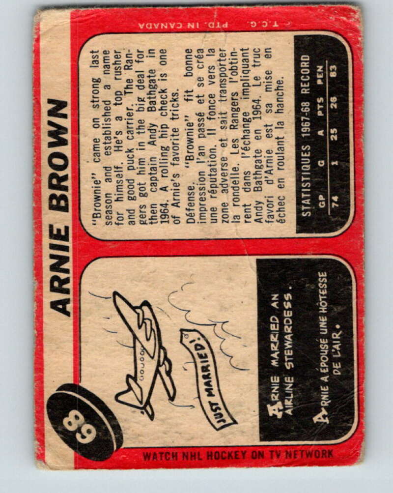 1968-69 O-Pee-Chee #68 Arnie Brown New York Rangers V990