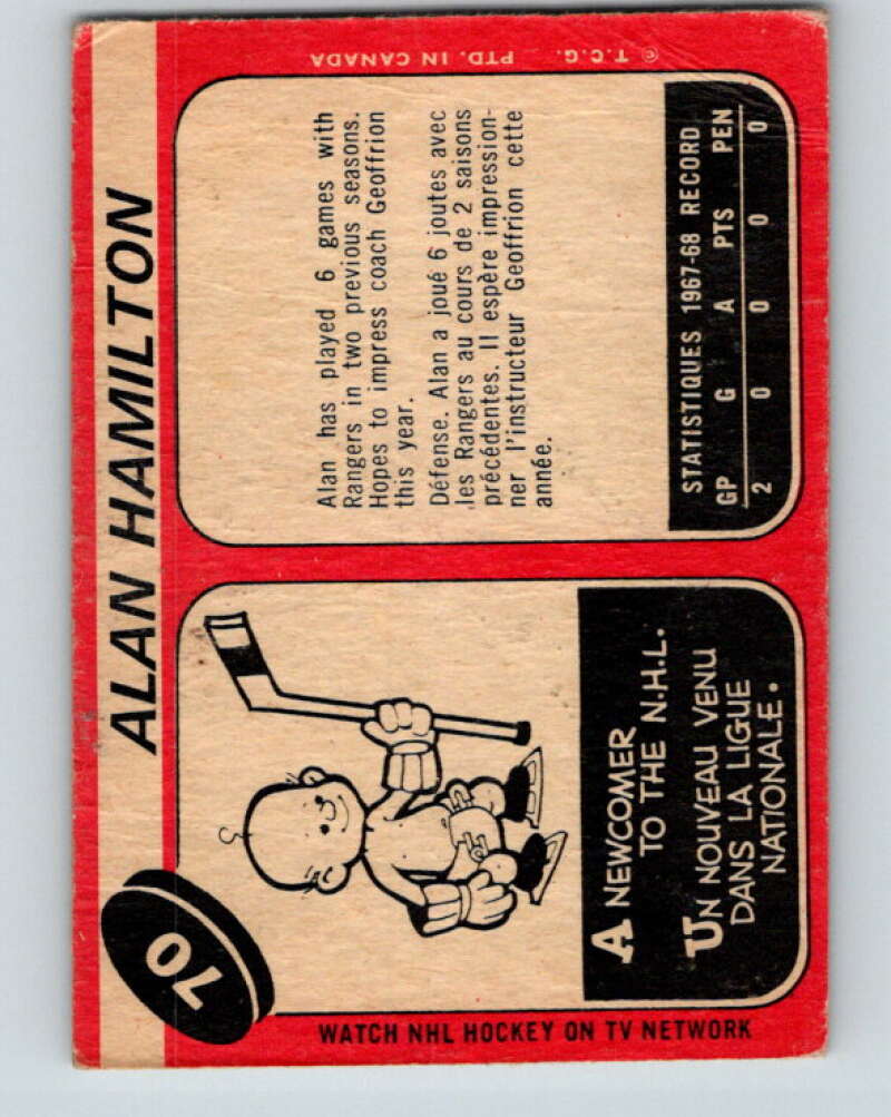1968-69 O-Pee-Chee #70 Al Hamilton RC Rookie New York Rangers V992