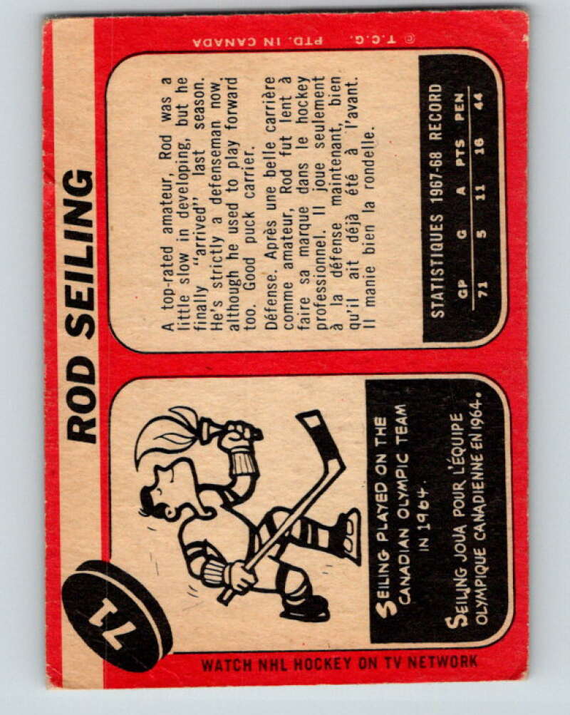 1968-69 O-Pee-Chee #71 Rod Seiling New York Rangers V993