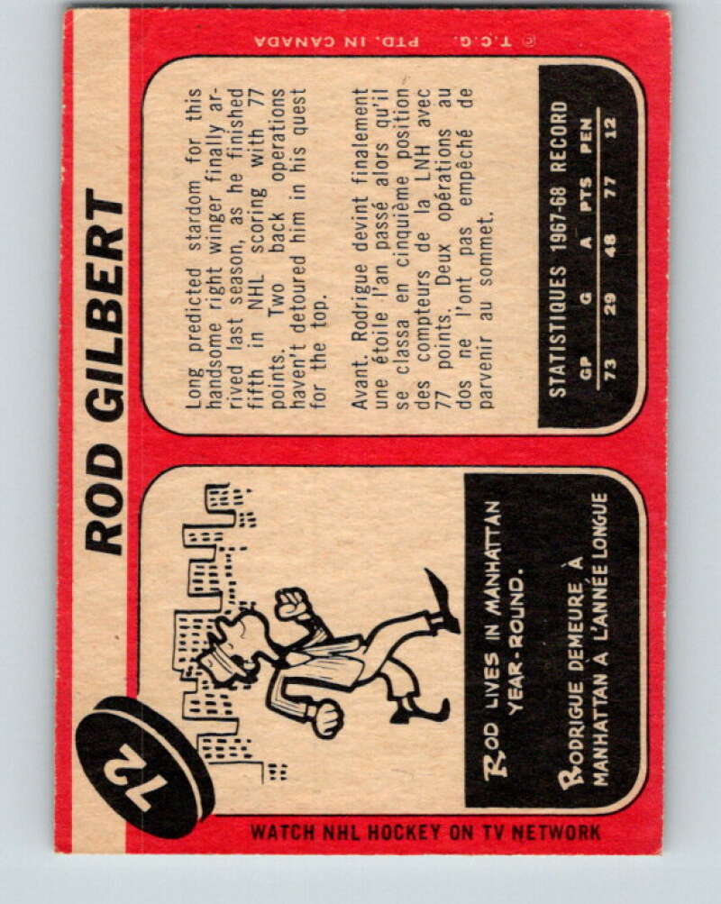 1968-69 O-Pee-Chee #72 Rod Gilbert New York Rangers V994