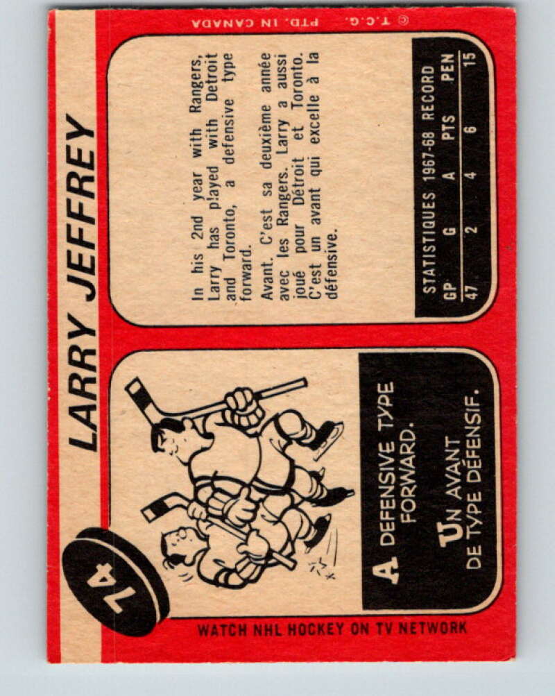 1968-69 O-Pee-Chee #74 Larry Jeffrey New York Rangers V997