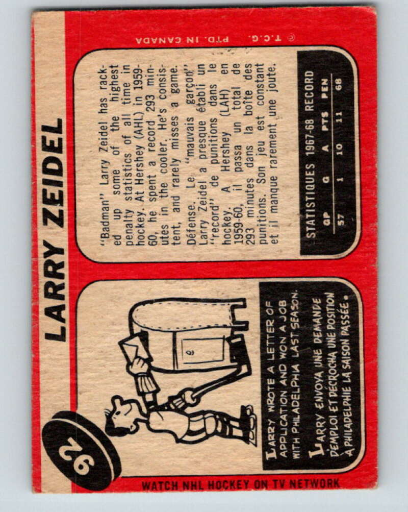1968-69 O-Pee-Chee #92 Larry Zeidel Philadelphia Flyers V1023