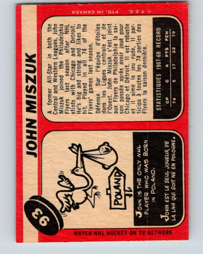 1968-69 O-Pee-Chee #93 John Miszuk RC Rookie Philadelphia Flyers V1024