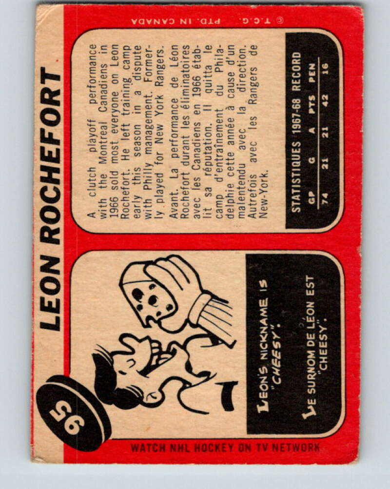 1968-69 O-Pee-Chee #95 Leon Rochefort RC Rookie Philadelphia Flyers V1027