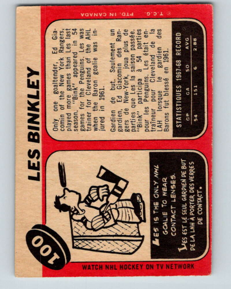 1968-69 O-Pee-Chee #100 Les Binkley RC Rookie Pittsburgh Penguins V1034