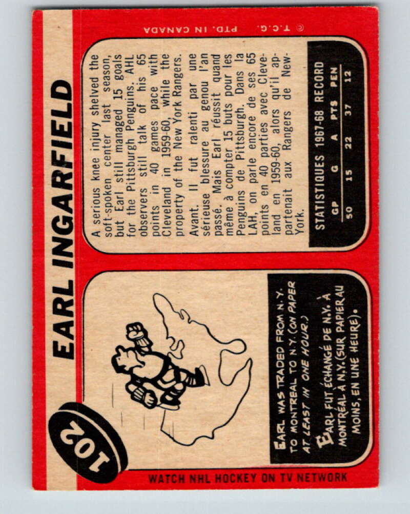1968-69 O-Pee-Chee #102 Earl Ingarfield Pittsburgh Penguins V1037